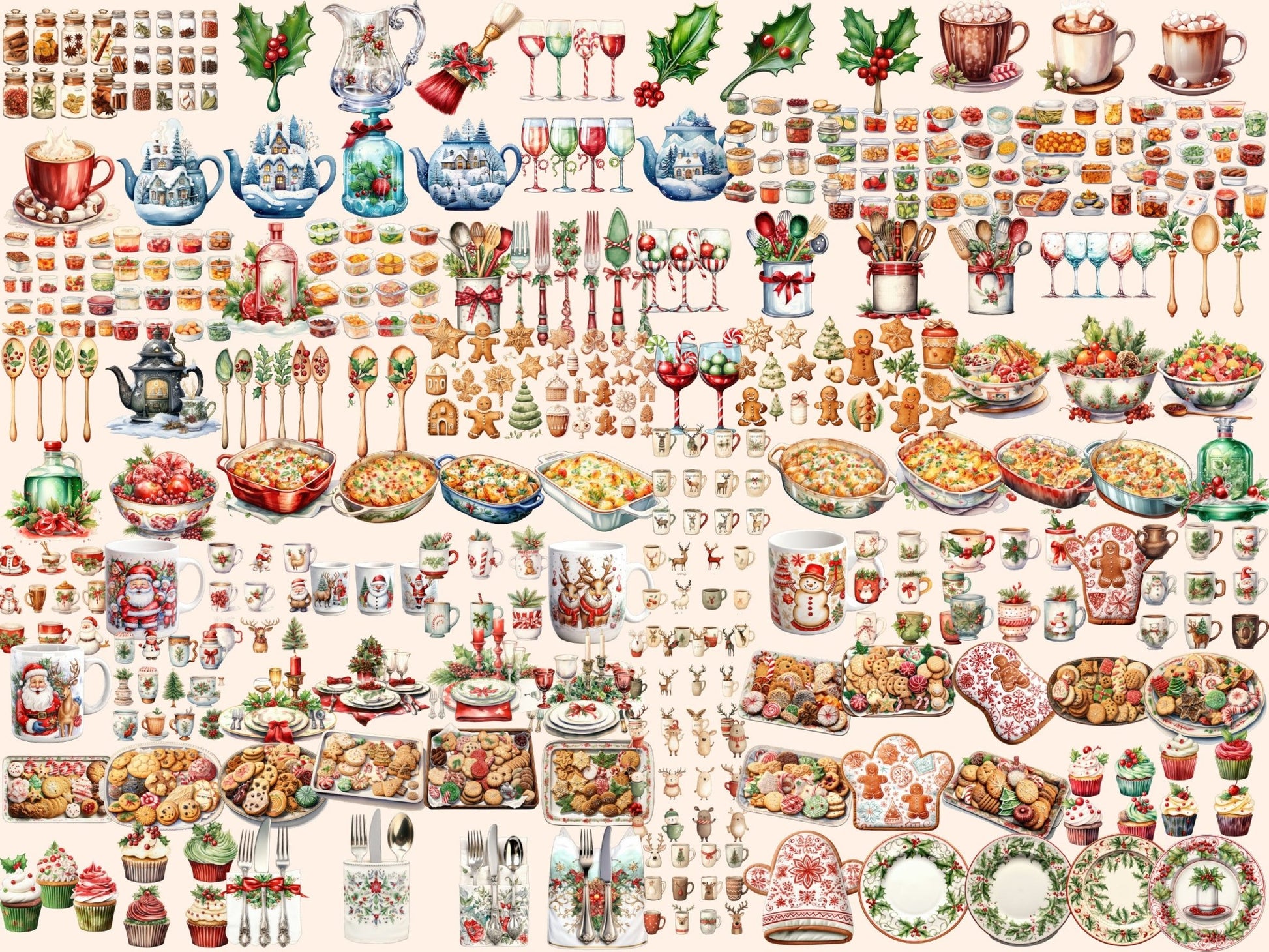 Christmas Kitchenware Watercolor Clipart - High - Quality Instant Digital Download for Creative Projects