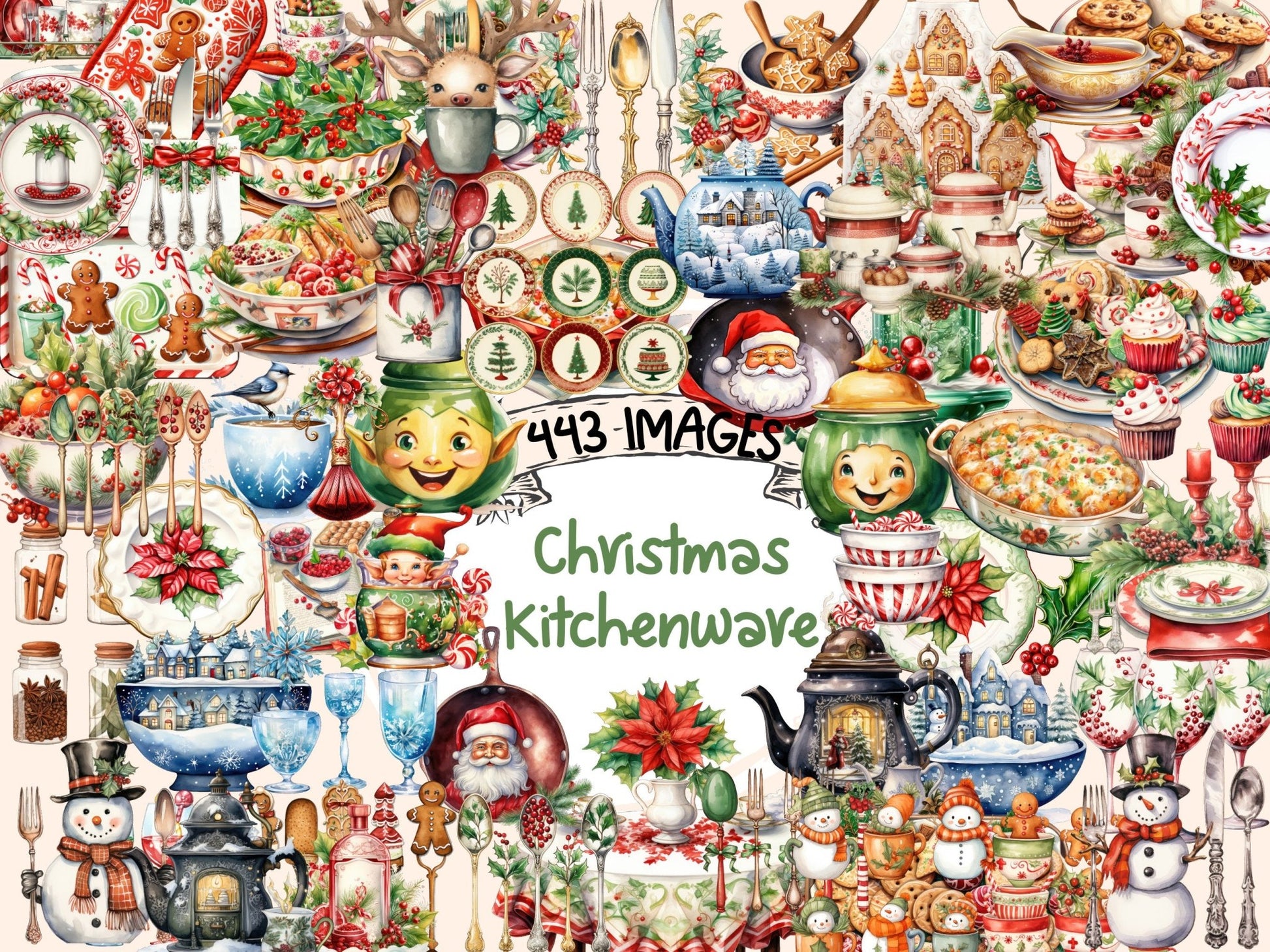 Christmas Kitchenware Watercolor Clipart - High - Quality Instant Digital Download for Creative Projects