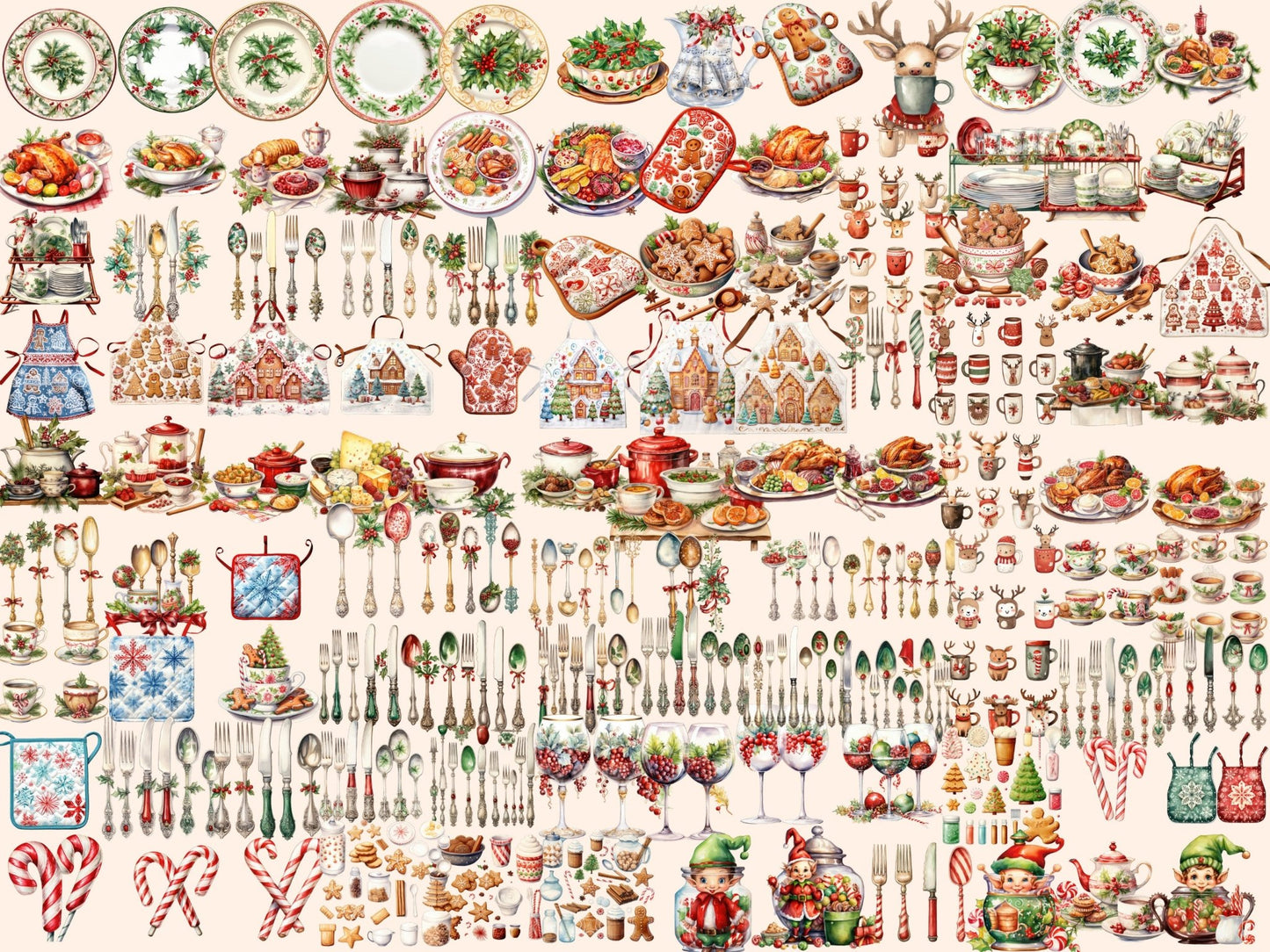 Christmas Kitchenware Watercolor Clipart - High - Quality Instant Digital Download for Creative Projects