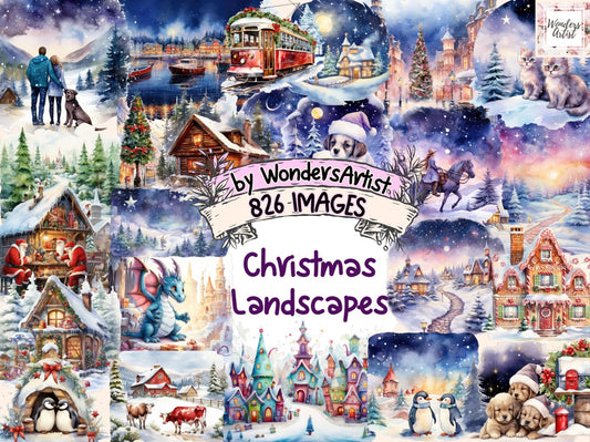 Christmas Landscapes Watercolor Clipart - High - Quality Instant Digital Download for Creative Projects