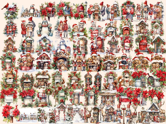 Ilustrații cu acuarelă de cutii poștale de Crăciun