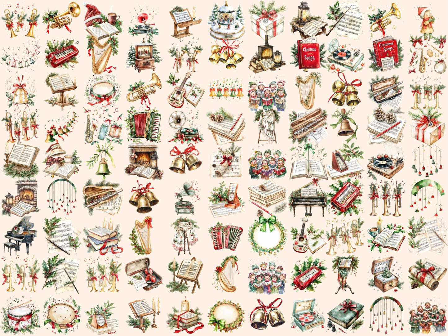 Christmas Music Watercolor Clipart Bundle - High - Quality Instant Digital Download for Creative Projects