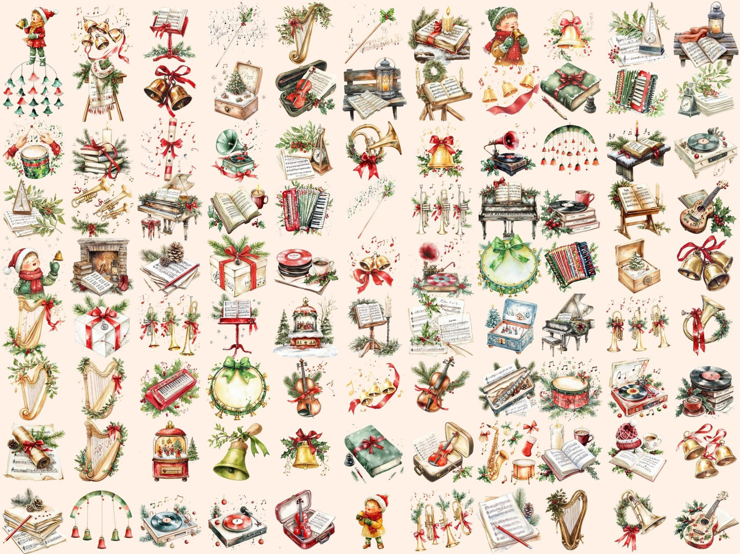 Christmas Music Watercolor Clipart Bundle - High - Quality Instant Digital Download for Creative Projects