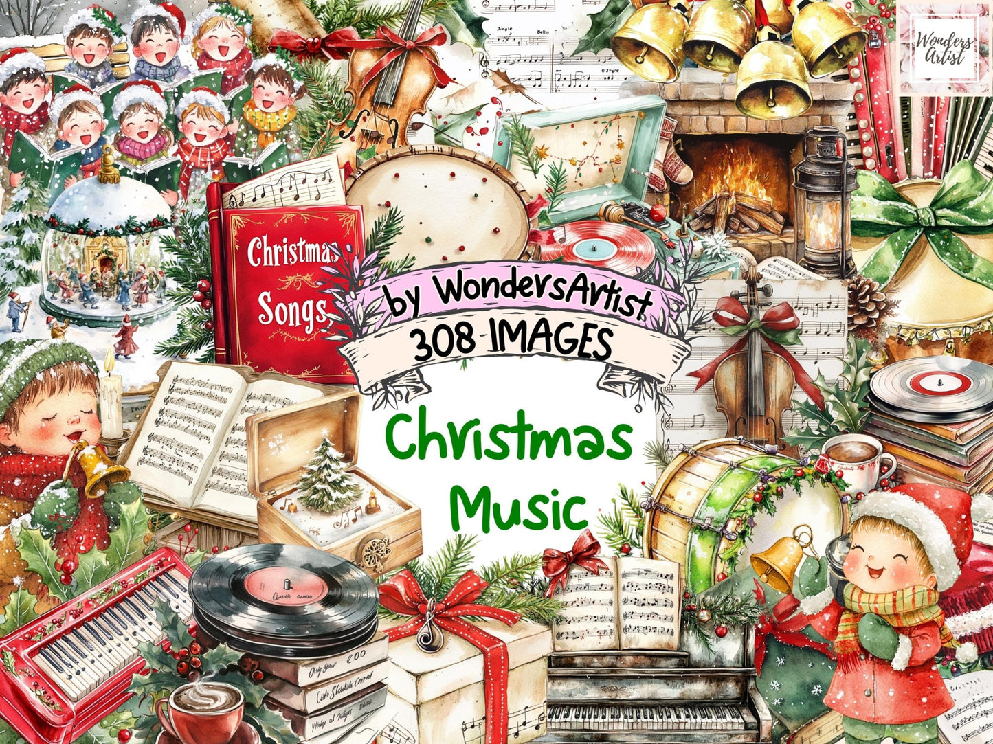 Christmas Music Watercolor Clipart Bundle - High - Quality Instant Digital Download for Creative Projects