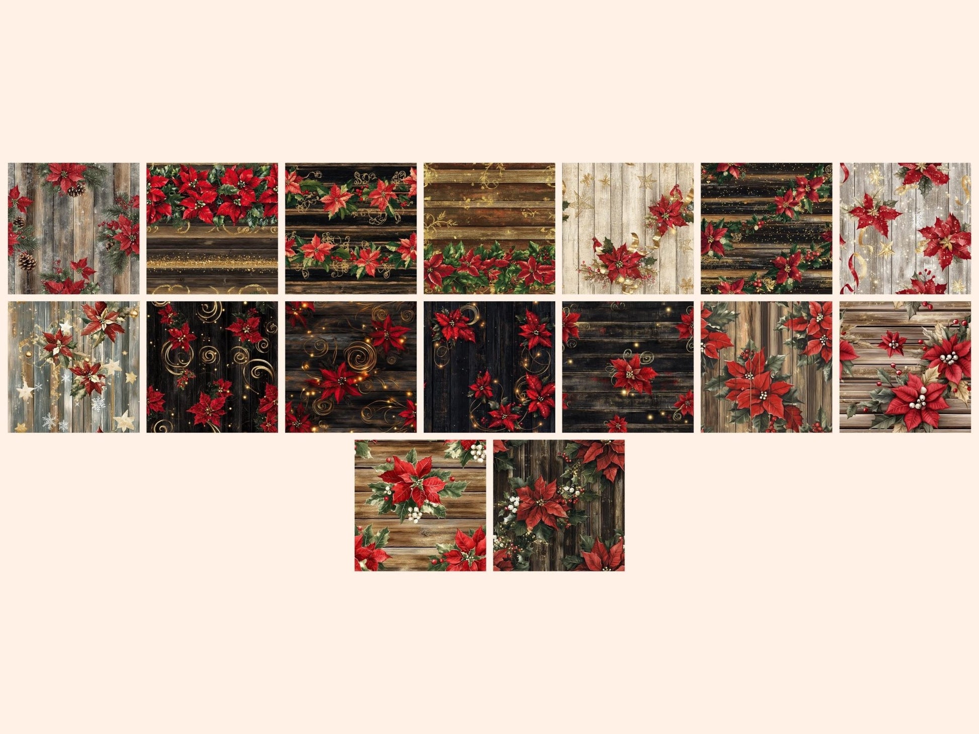 Christmas Poinsettia Wood Seamless Digital Paper - High - Quality Instant Digital Download for Creative Projects