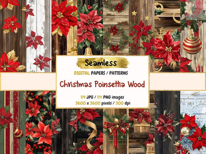 Christmas Poinsettia Wood Seamless Digital Paper Christmas Paper - Wonders Artist