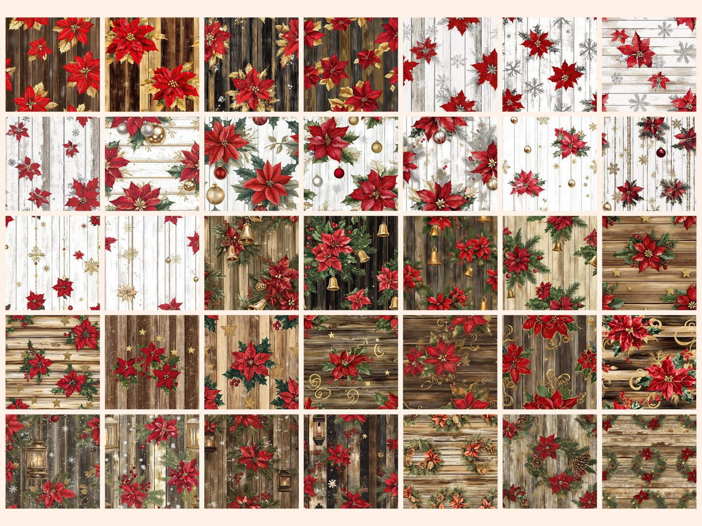 Christmas Poinsettia Wood Seamless Digital Paper - High - Quality Instant Digital Download for Creative Projects