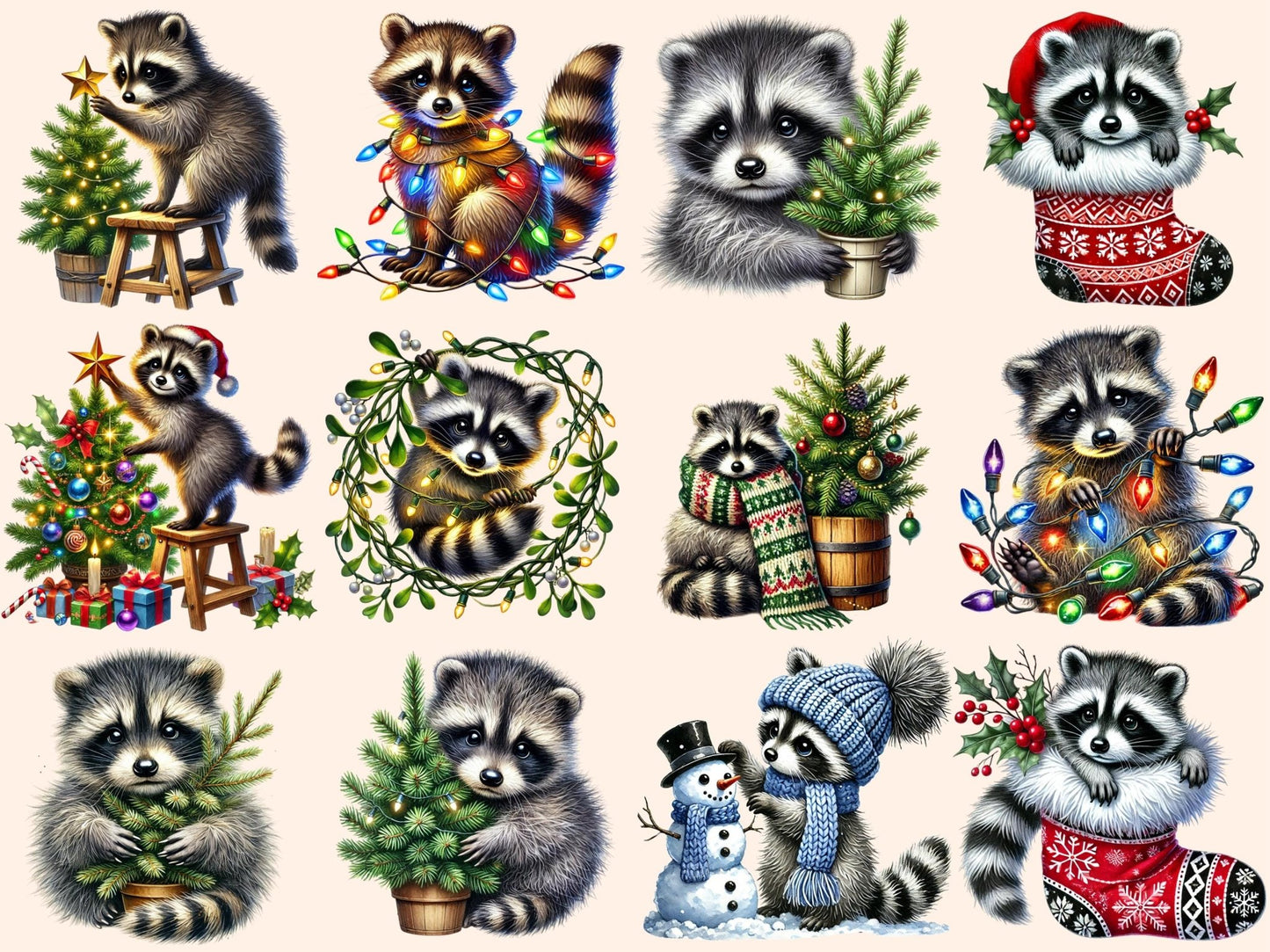 Christmas Raccoons Clipart - High - Quality Instant Digital Download for Creative Projects