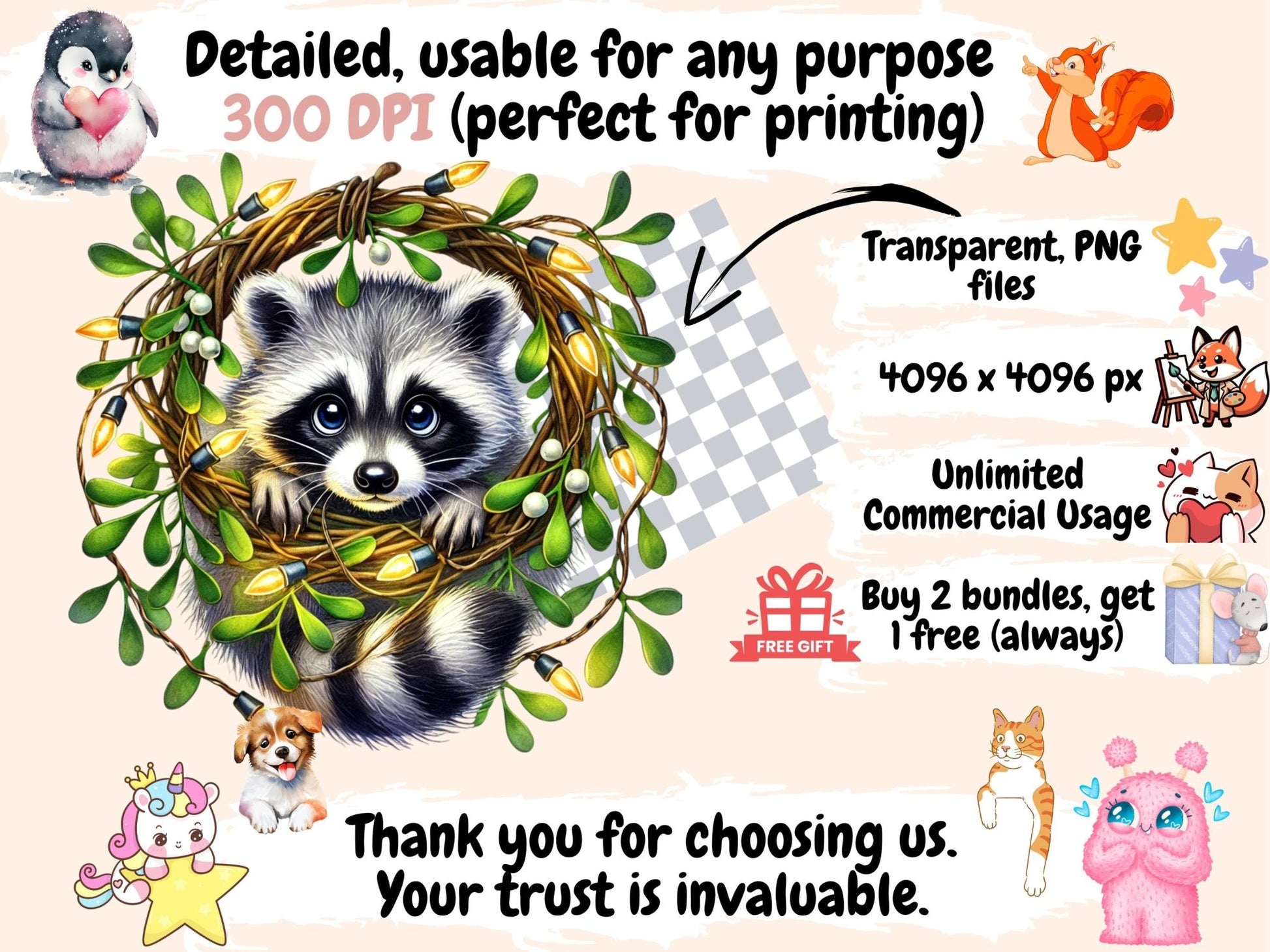 Christmas Raccoons Clipart - High - Quality Instant Digital Download for Creative Projects