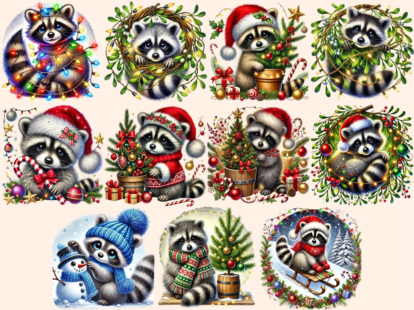 Christmas Raccoons Clipart - High - Quality Instant Digital Download for Creative Projects