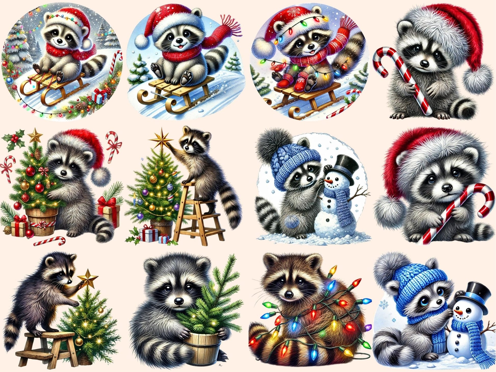 Christmas Raccoons Clipart - High - Quality Instant Digital Download for Creative Projects