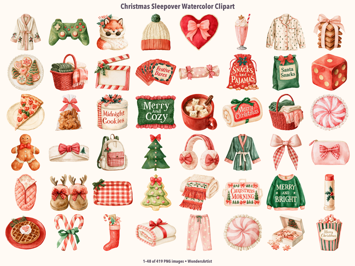 Christmas Sleepover Watercolor Clipart — preview grid 1