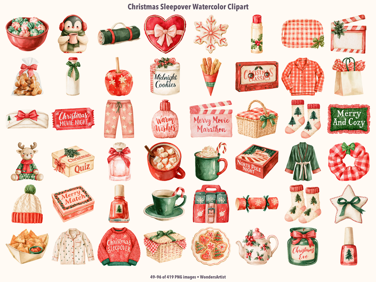 Christmas Sleepover Watercolor Clipart — preview grid 2