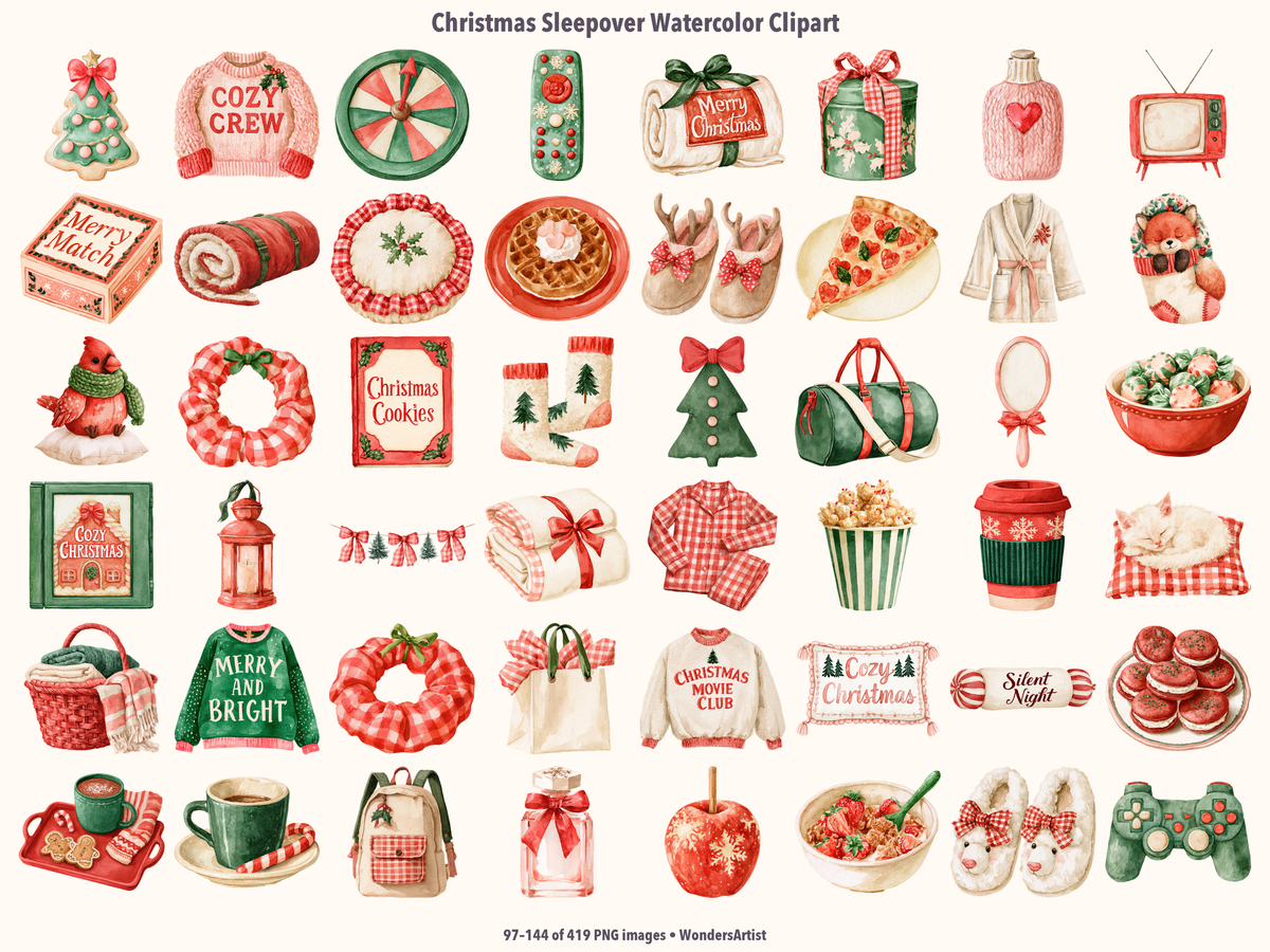 Christmas Sleepover Watercolor Clipart — preview grid 3