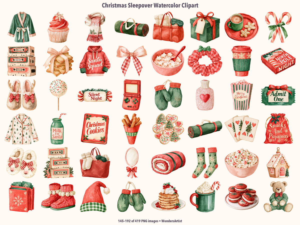 Christmas Sleepover Watercolor Clipart — preview grid 4