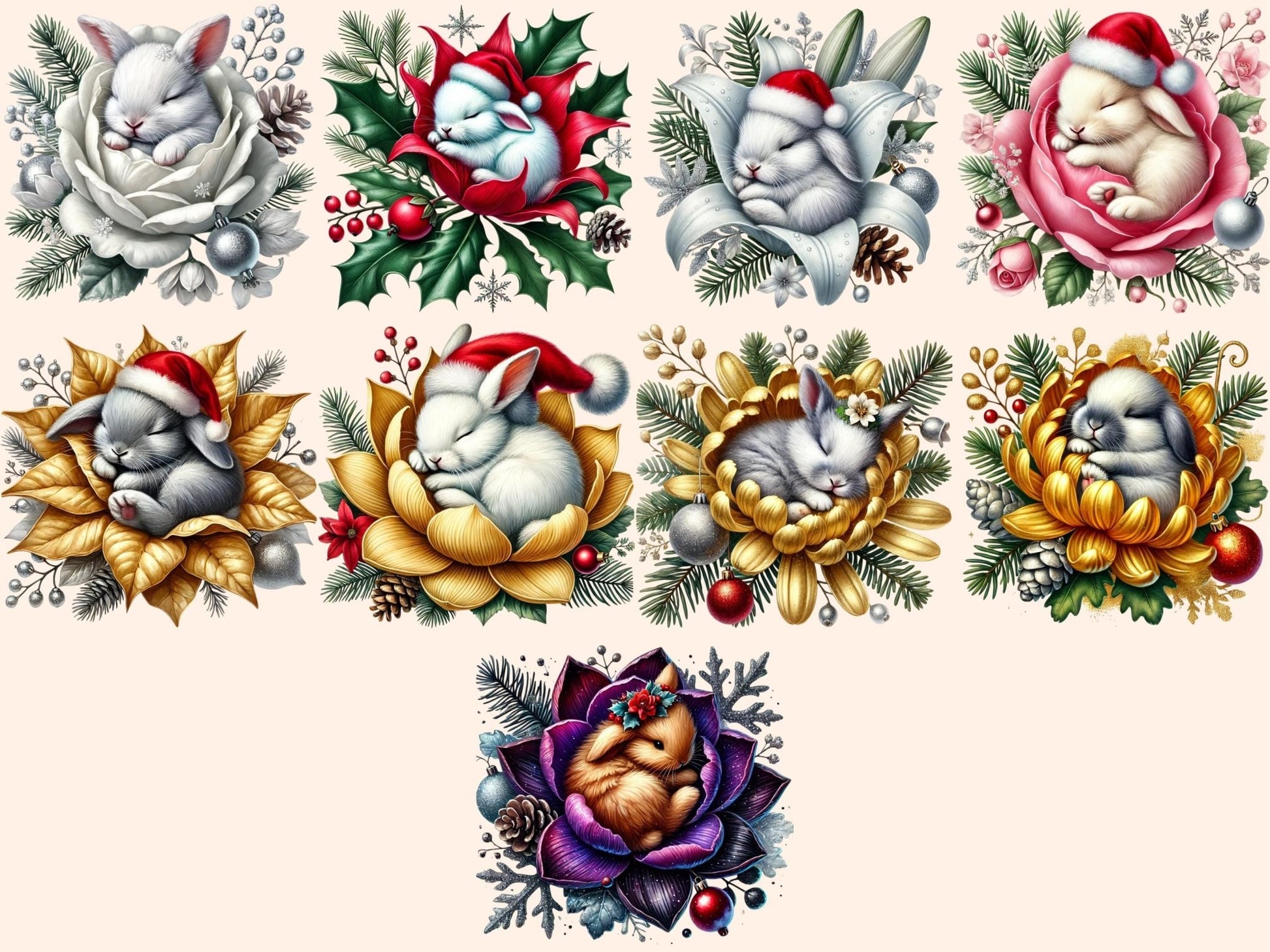 Christmas Sleepy Bunnies Clipart - High - Quality Instant Digital Download for Creative Projects