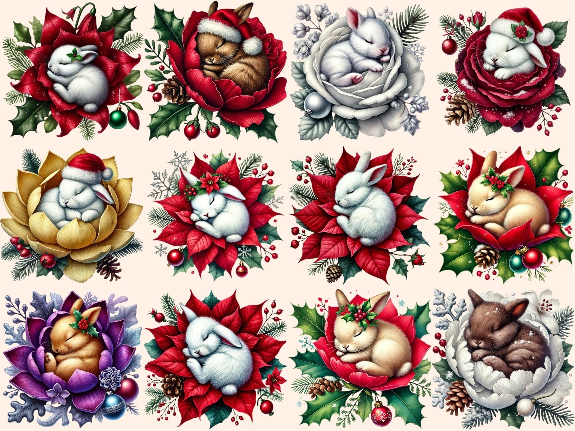 Christmas Sleepy Bunnies Clipart - High - Quality Instant Digital Download for Creative Projects