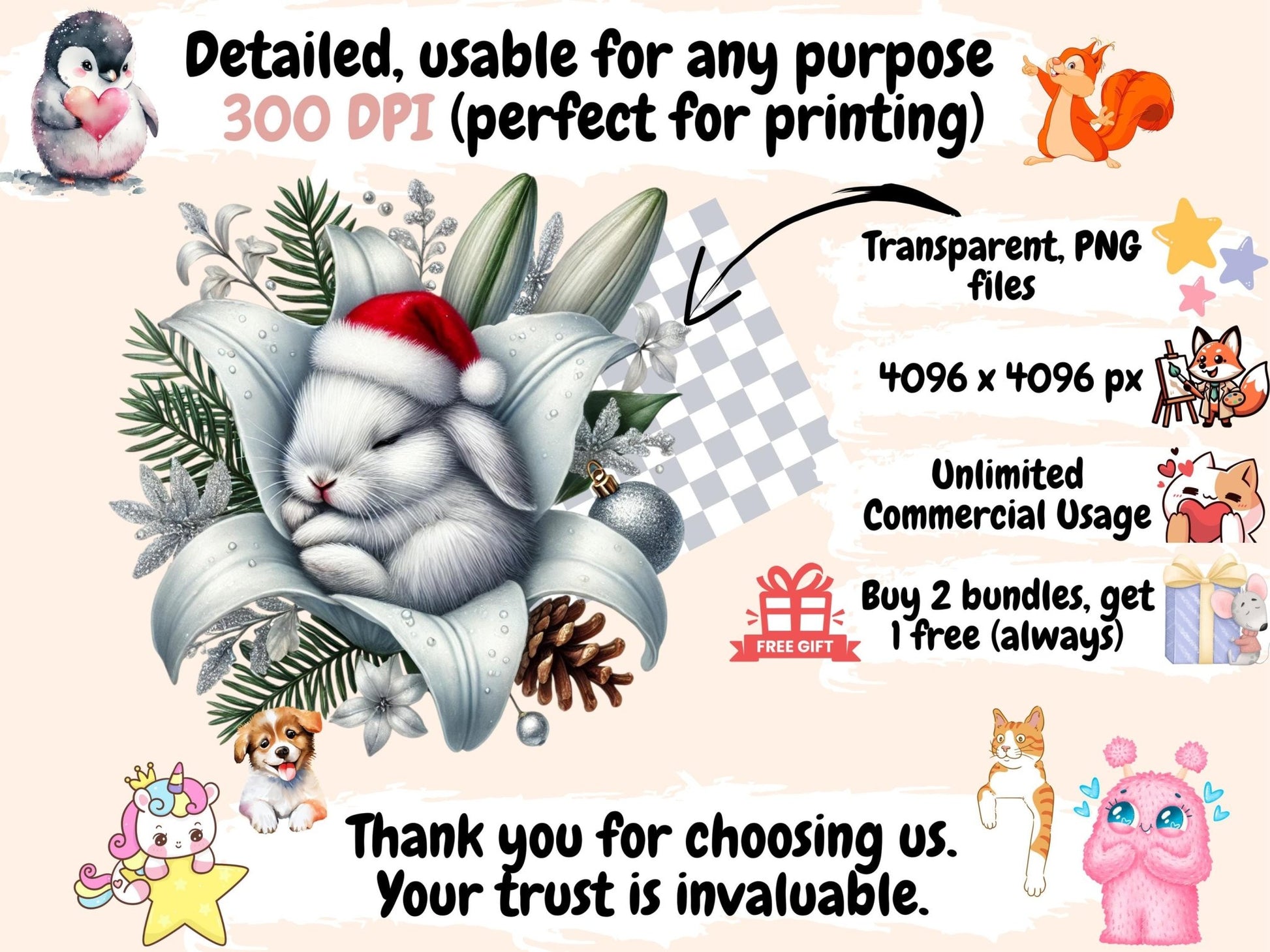 Christmas Sleepy Bunnies Clipart - High - Quality Instant Digital Download for Creative Projects