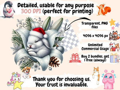 Christmas Sleepy Bunnies Clipart Bunny Christmas PNG - Wonders Artist