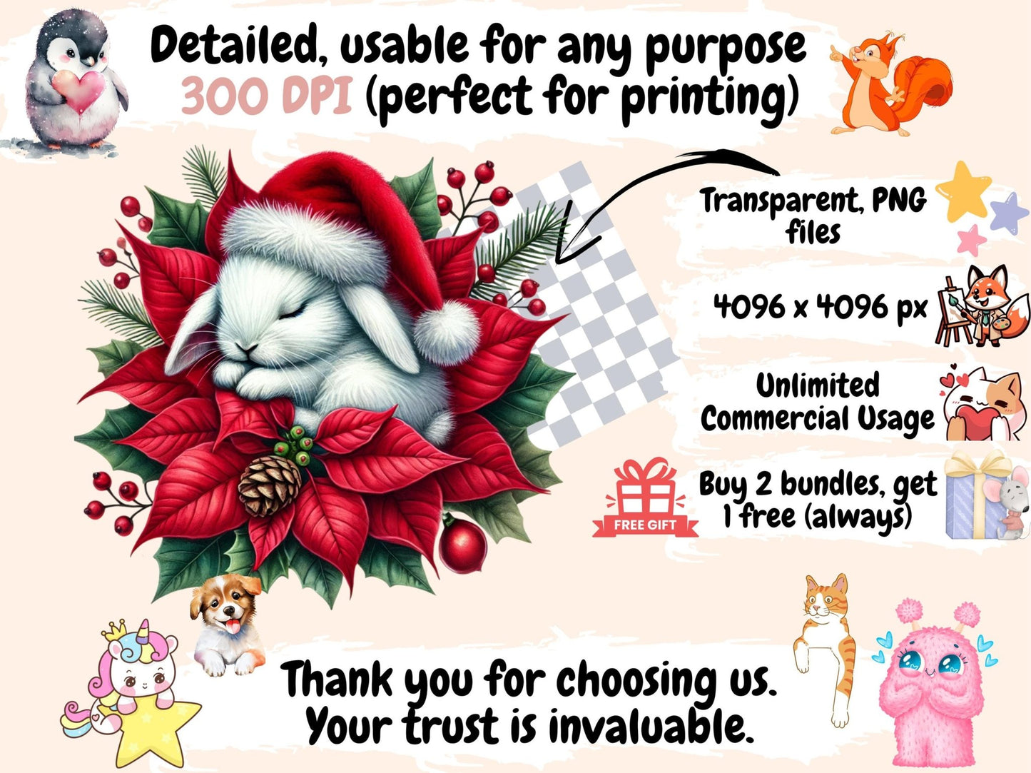 Christmas Sleepy Bunnies (P2) Clipart - High - Quality Instant Digital Download for Creative Projects