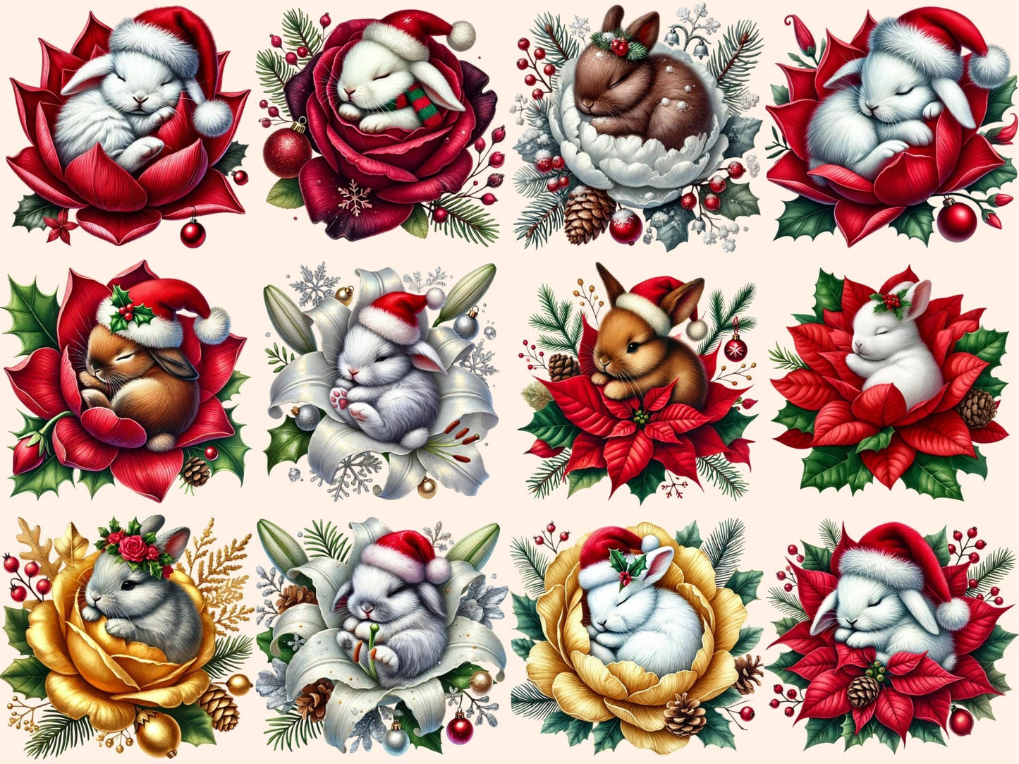 Christmas Sleepy Bunnies (P2) Clipart - High - Quality Instant Digital Download for Creative Projects