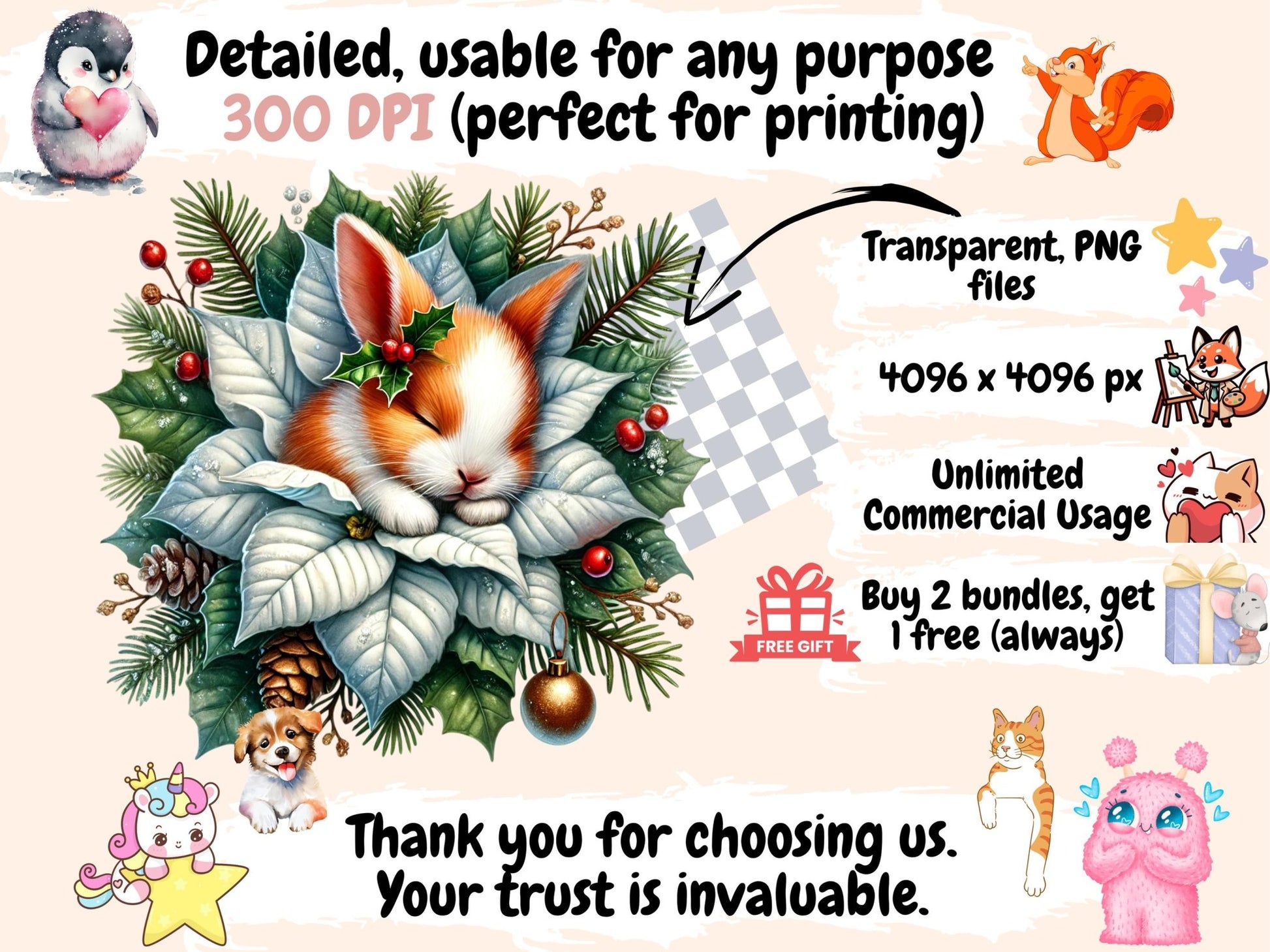 Christmas Sleepy Bunnies (P3) Clipart - High - Quality Instant Digital Download for Creative Projects