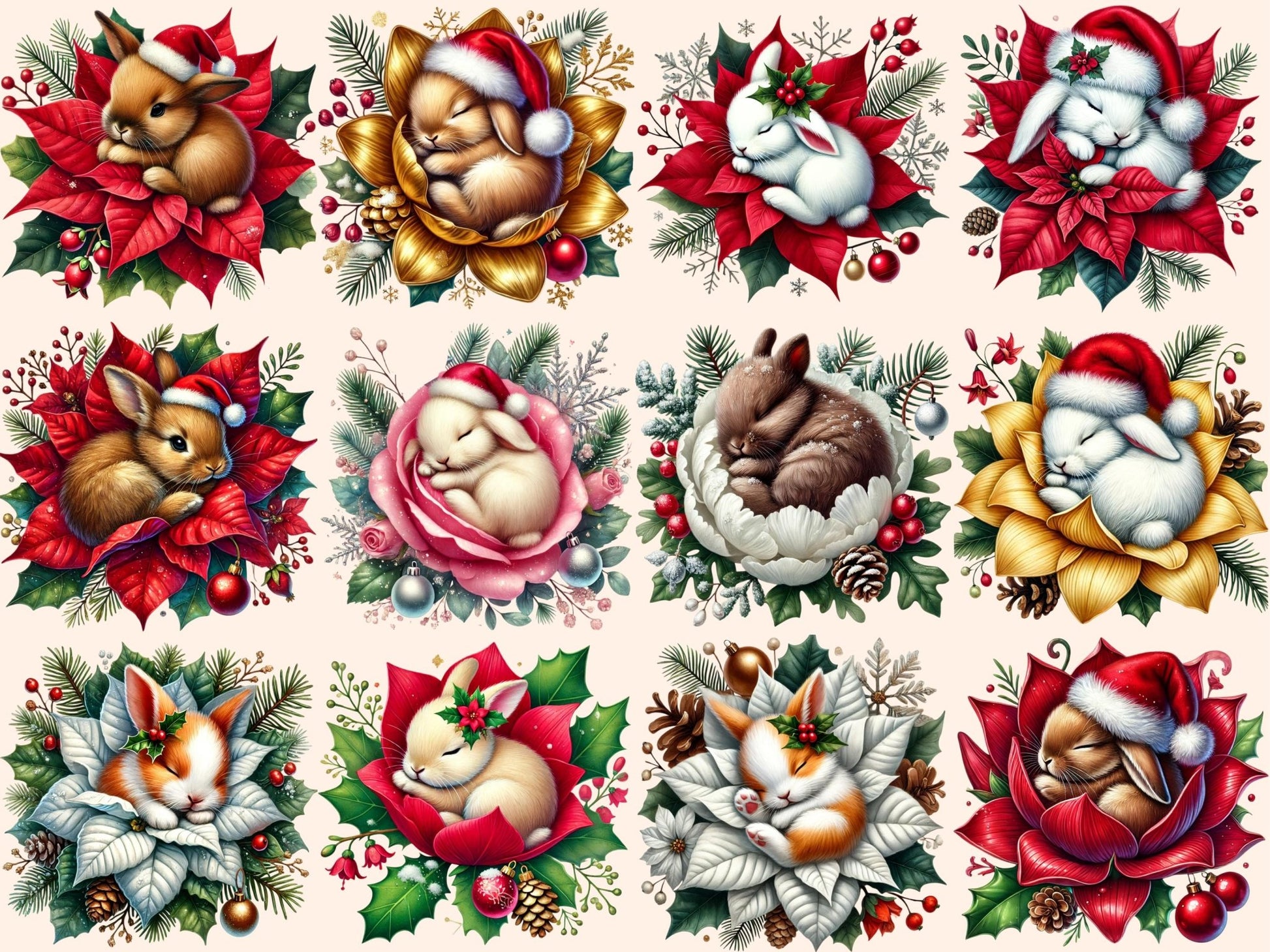 Christmas Sleepy Bunnies (P3) Clipart - High - Quality Instant Digital Download for Creative Projects