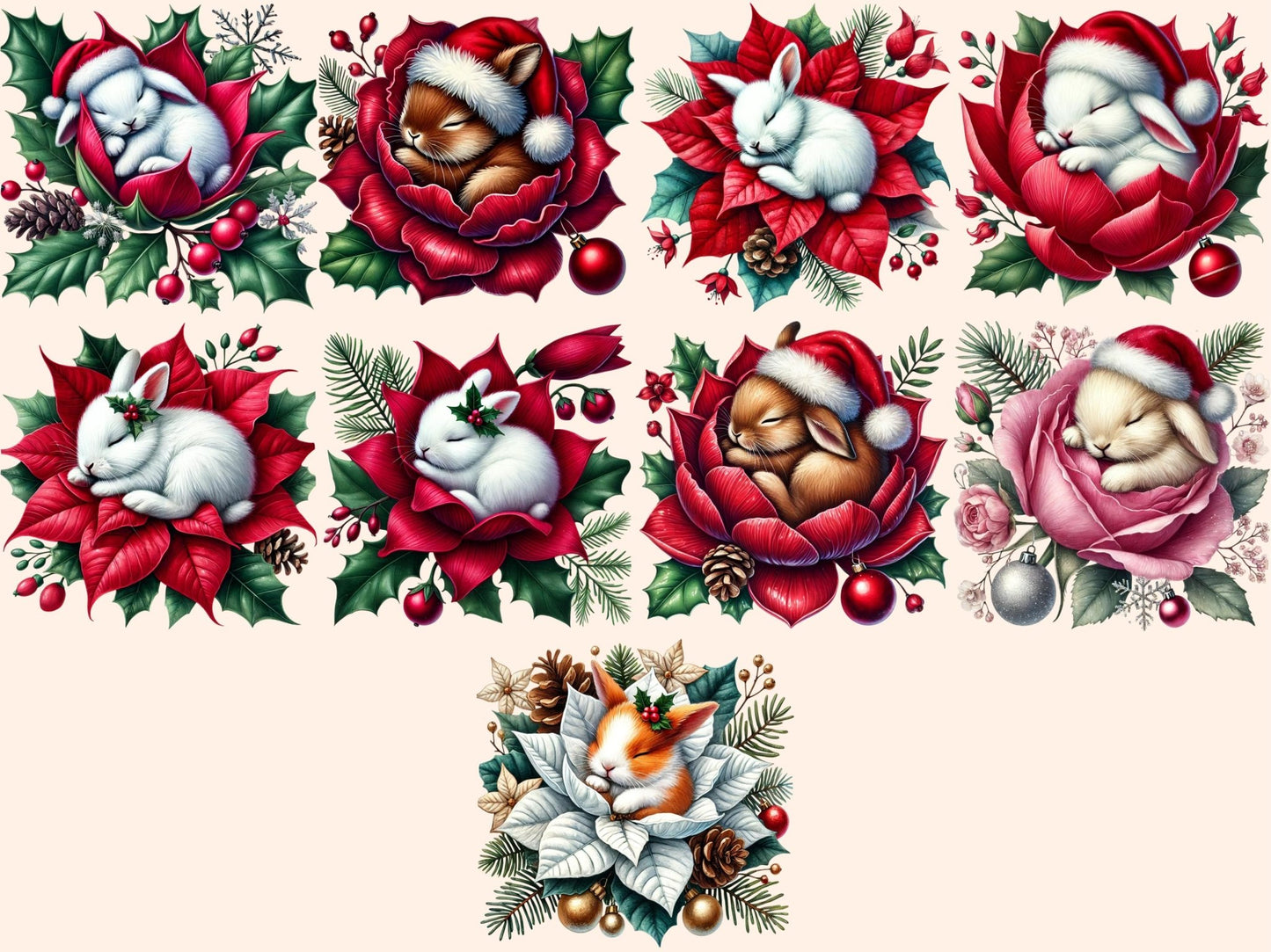 Christmas Sleepy Bunnies (P3) Clipart - High - Quality Instant Digital Download for Creative Projects