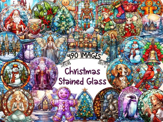 Christmas Stained Glass Watercolor Clipart - High - Quality Instant Digital Download for Creative Projects