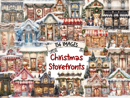 Christmas Storefronts Watercolor Clipart - High - Quality Instant Digital Download for Creative Projects