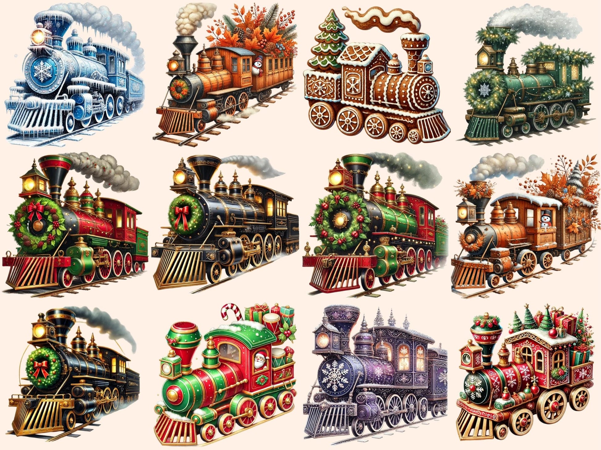 Christmas Trains Clipart - High - Quality Instant Digital Download for Creative Projects