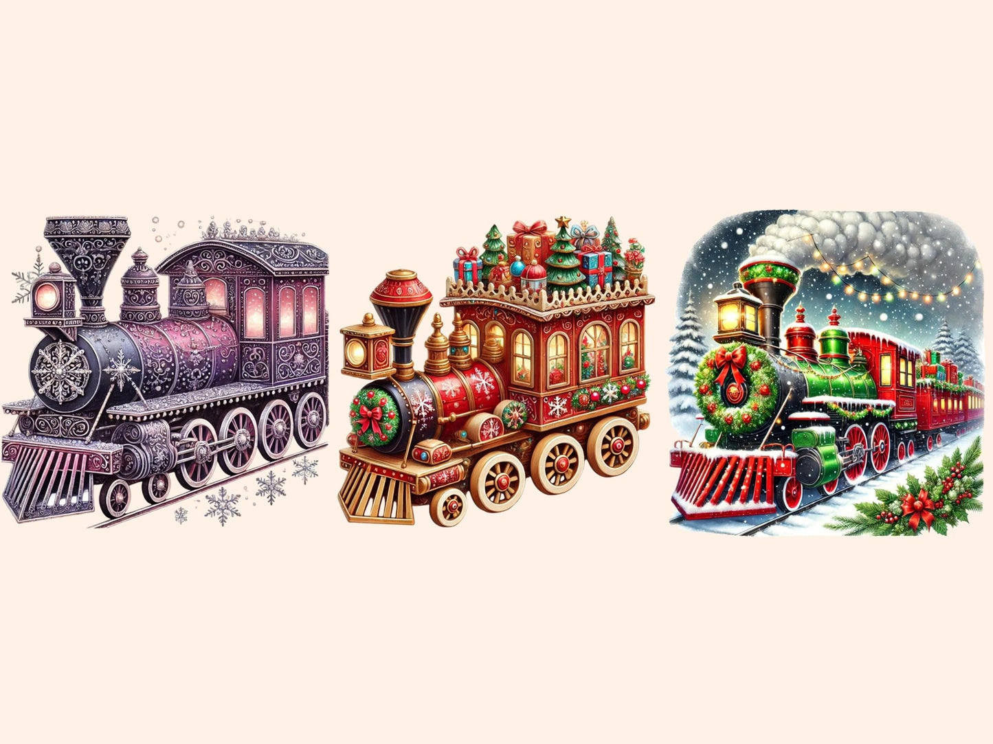 Christmas Trains Clipart - High - Quality Instant Digital Download for Creative Projects