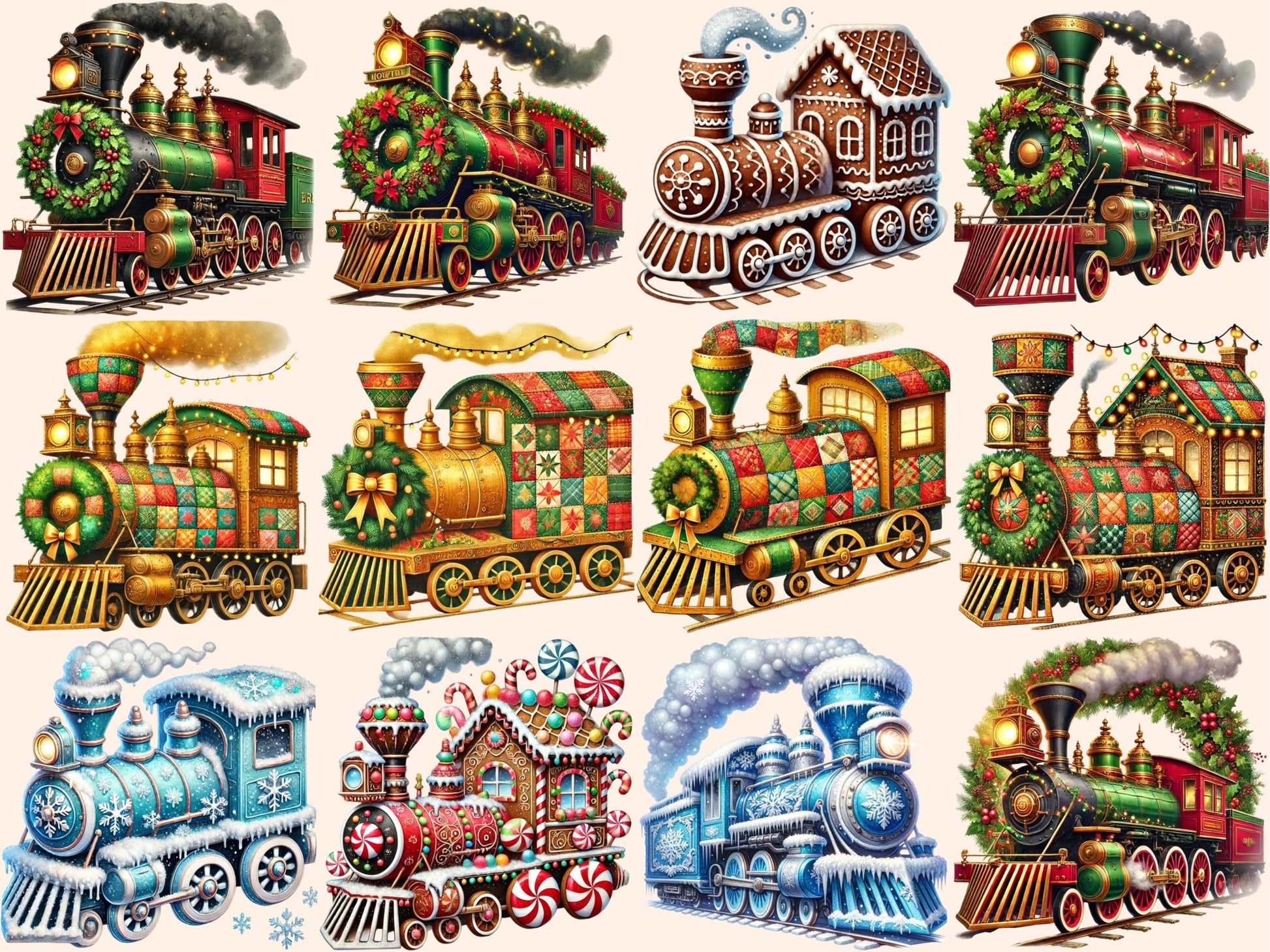 Christmas Trains Clipart - High - Quality Instant Digital Download for Creative Projects