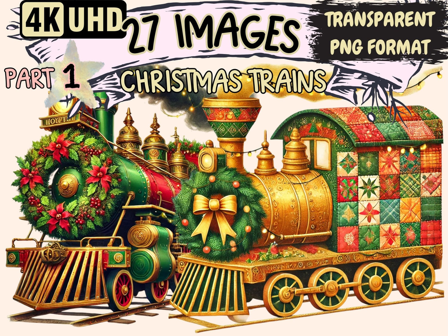 Christmas Trains Clipart - High - Quality Instant Digital Download for Creative Projects