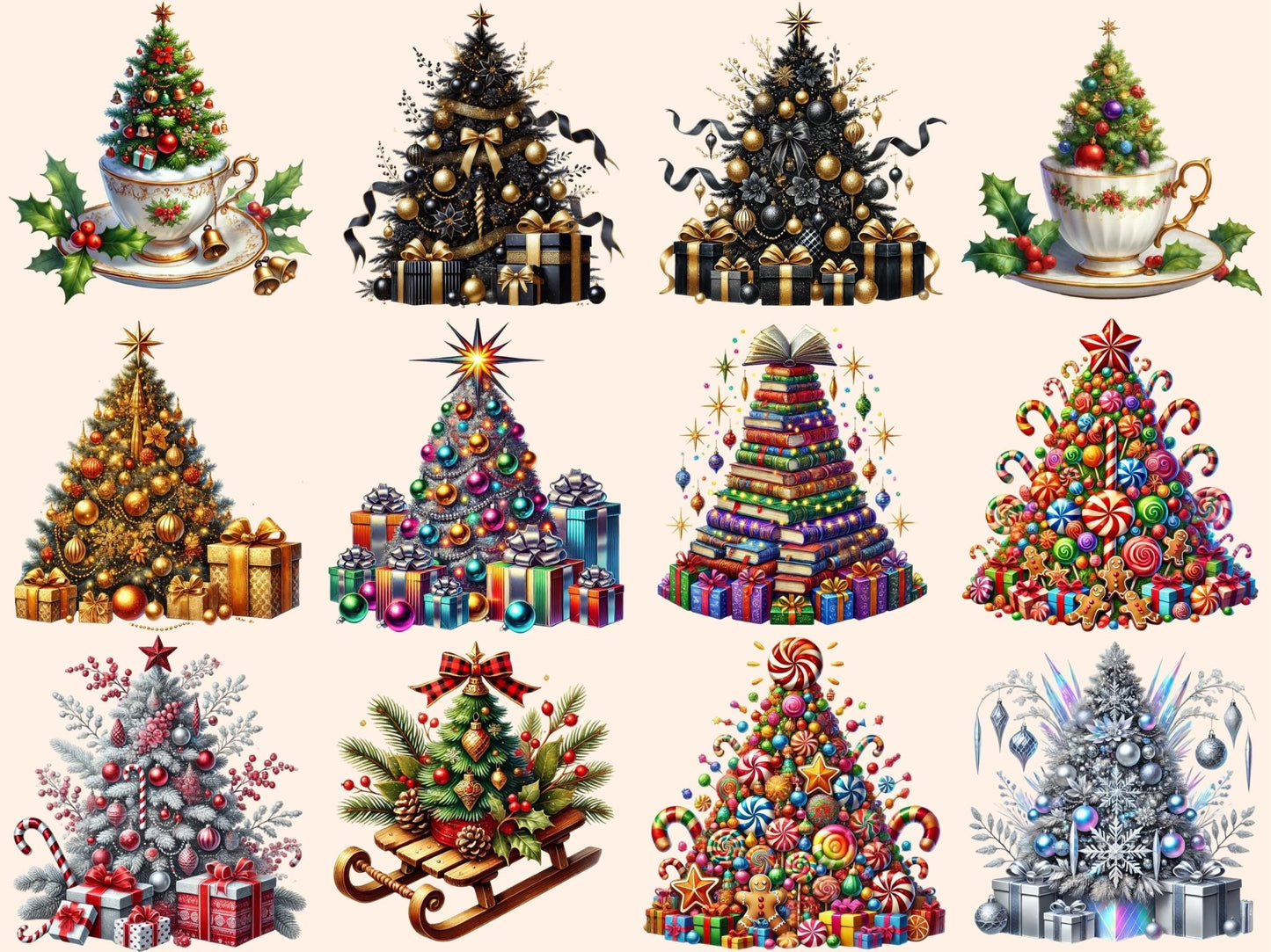 Christmas Trees (P4) Clipart - High - Quality Instant Digital Download for Creative Projects