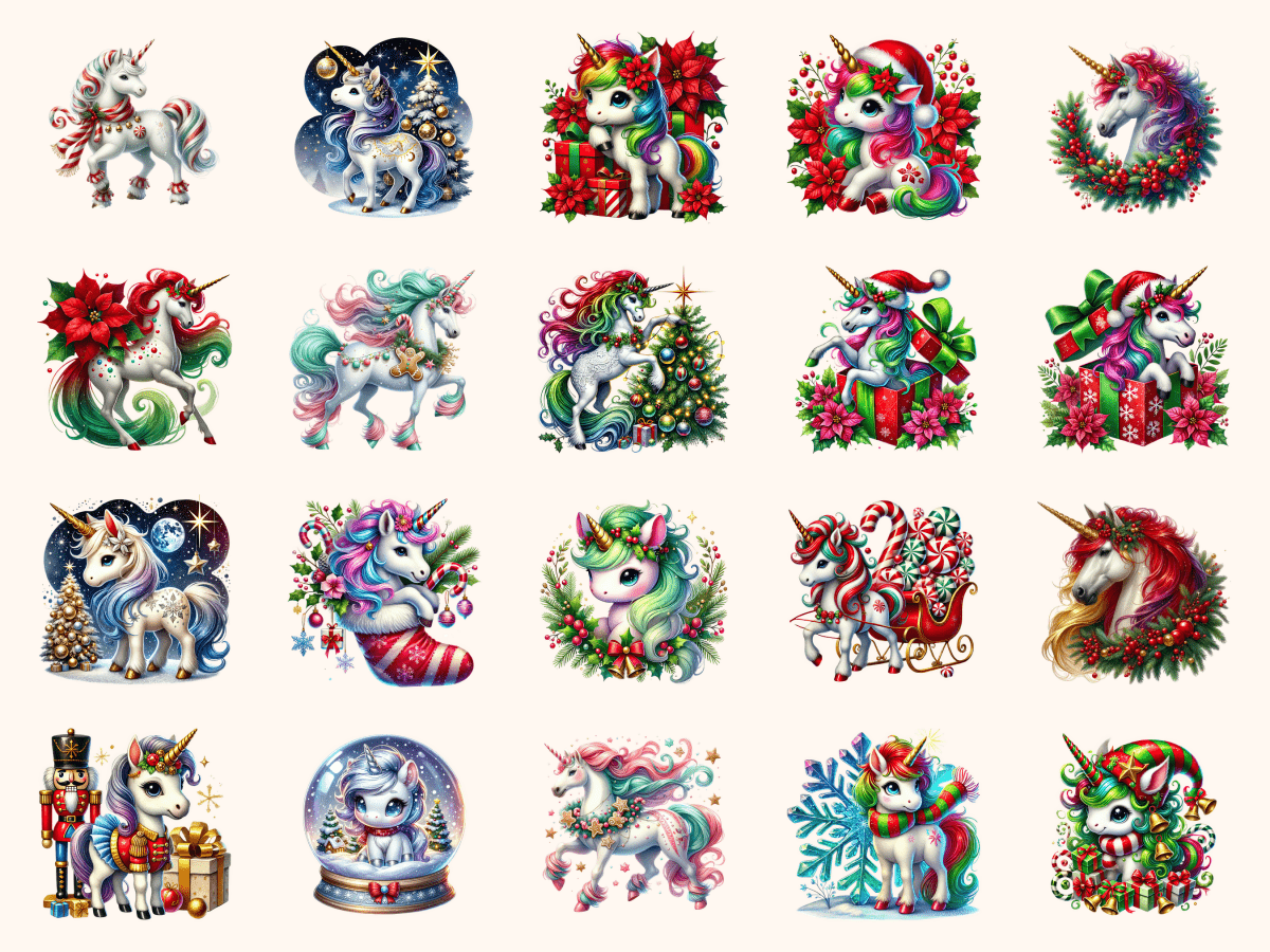 Christmas Unicorns Clipart All Bundles Clipart Line Art - WondersArtist