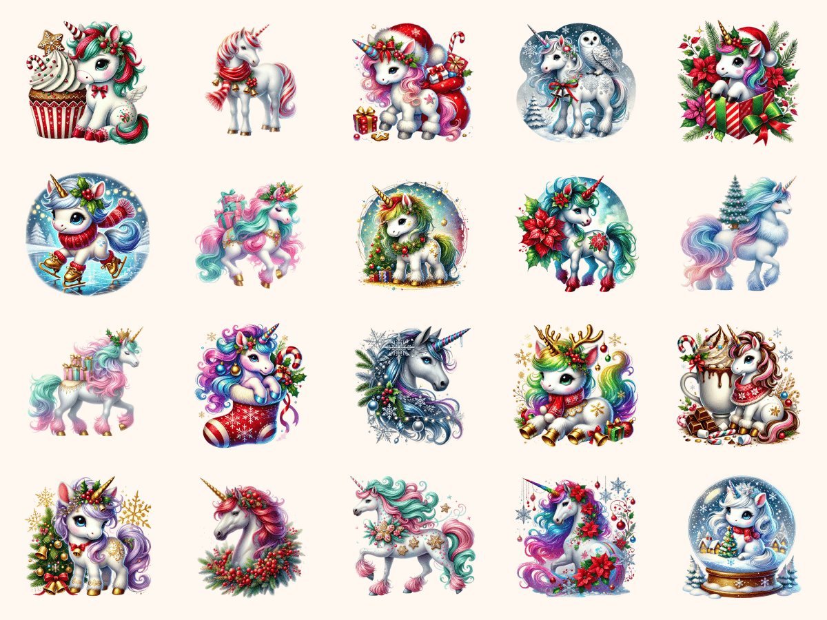 Christmas Unicorns Clipart All Bundles Clipart Line Art - WondersArtist