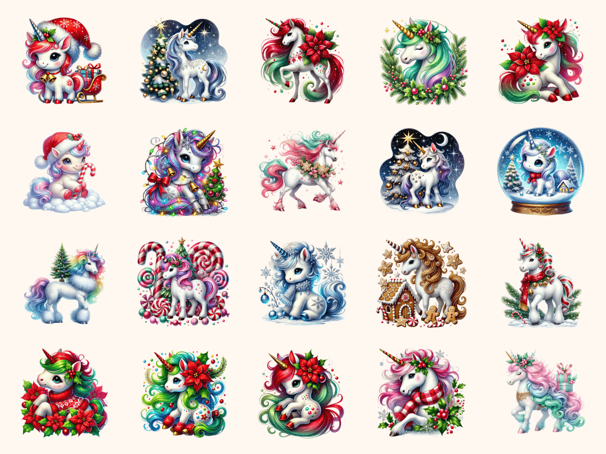 Christmas Unicorns Clipart All Bundles Clipart Line Art - WondersArtist