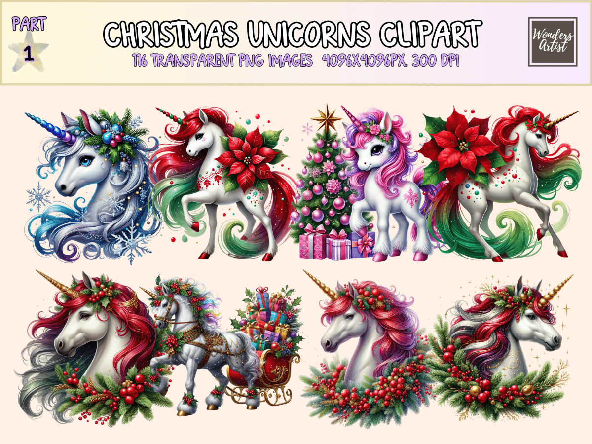 Christmas Unicorns Clipart All Bundles Clipart Line Art - WondersArtist