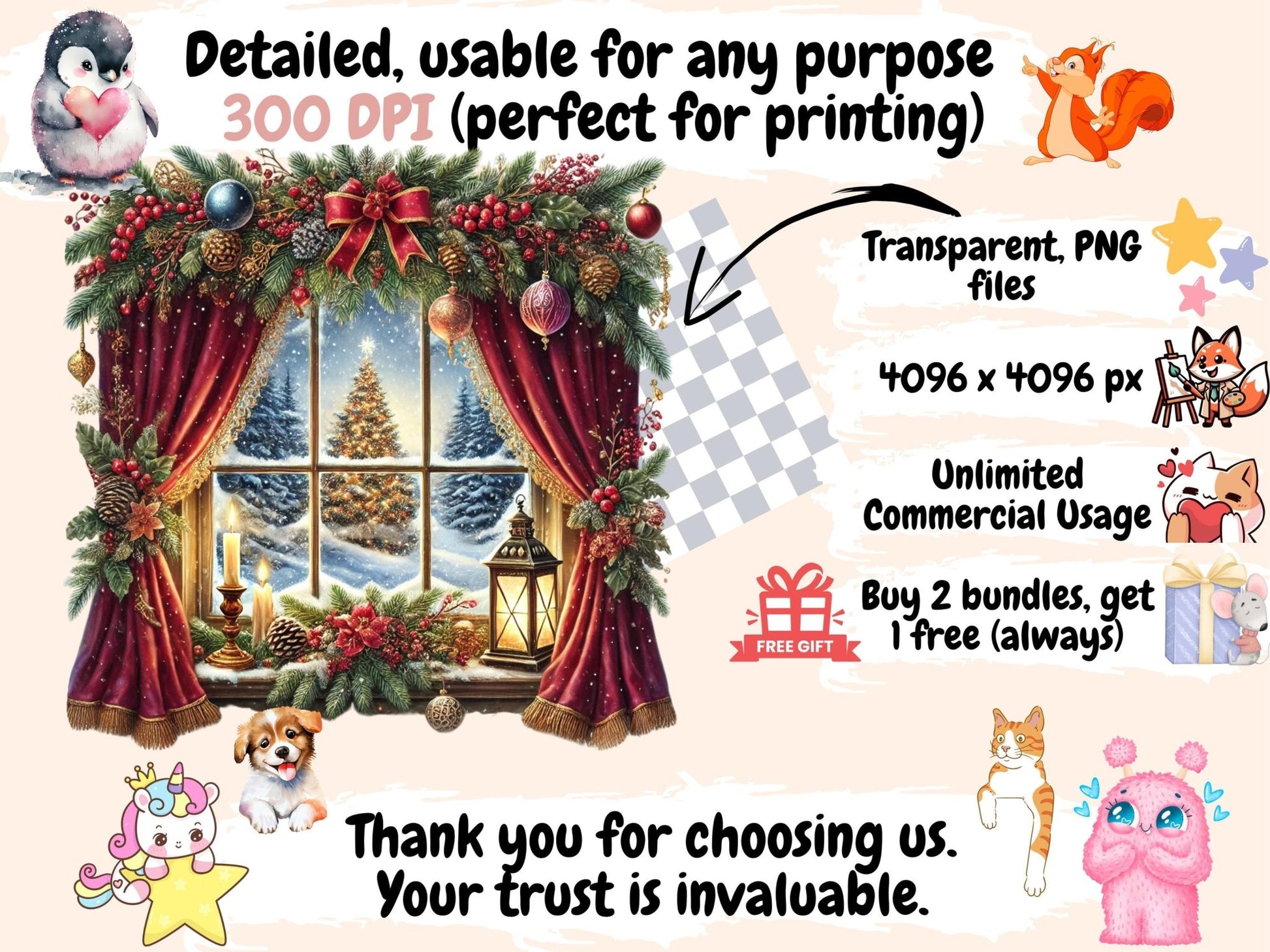 Christmas Windows Clipart - High - Quality Instant Digital Download for Creative Projects