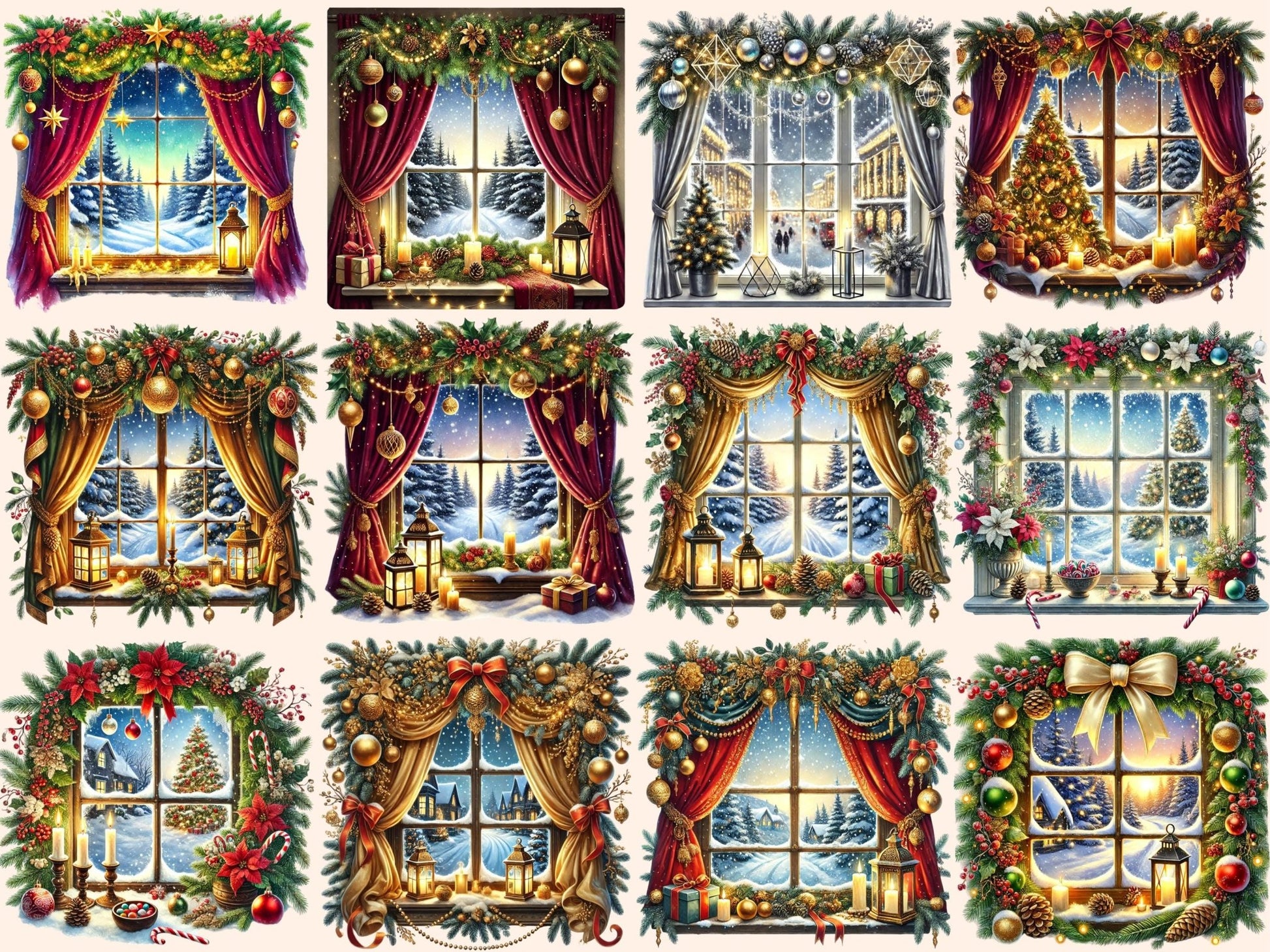 Christmas Windows Clipart - High - Quality Instant Digital Download for Creative Projects