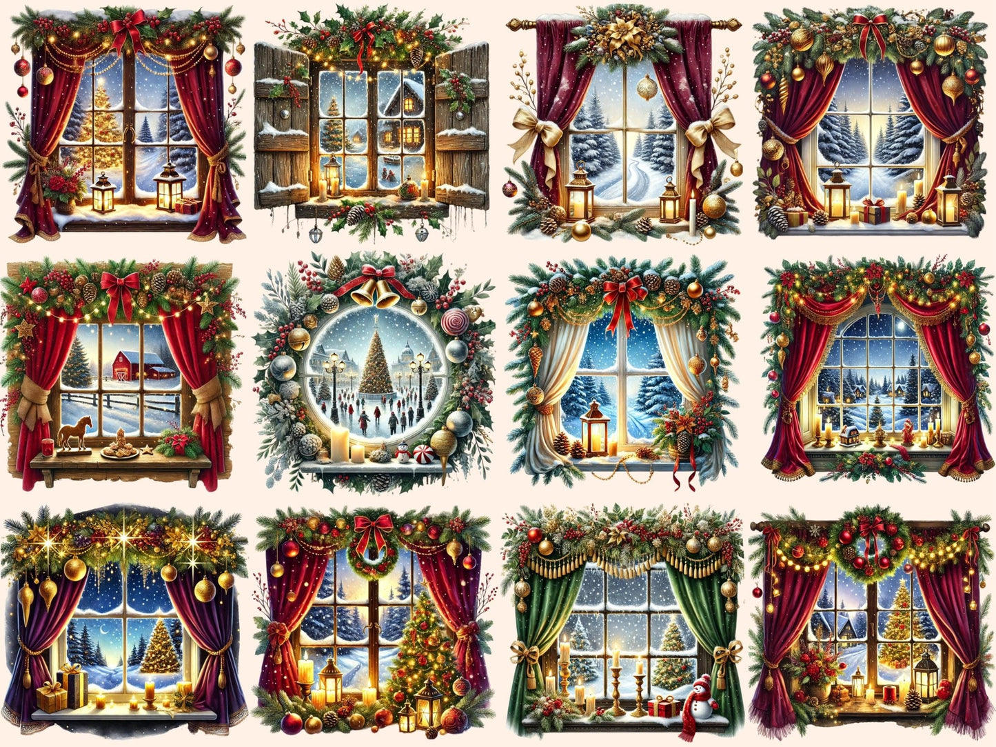 Christmas Windows Clipart - High - Quality Instant Digital Download for Creative Projects