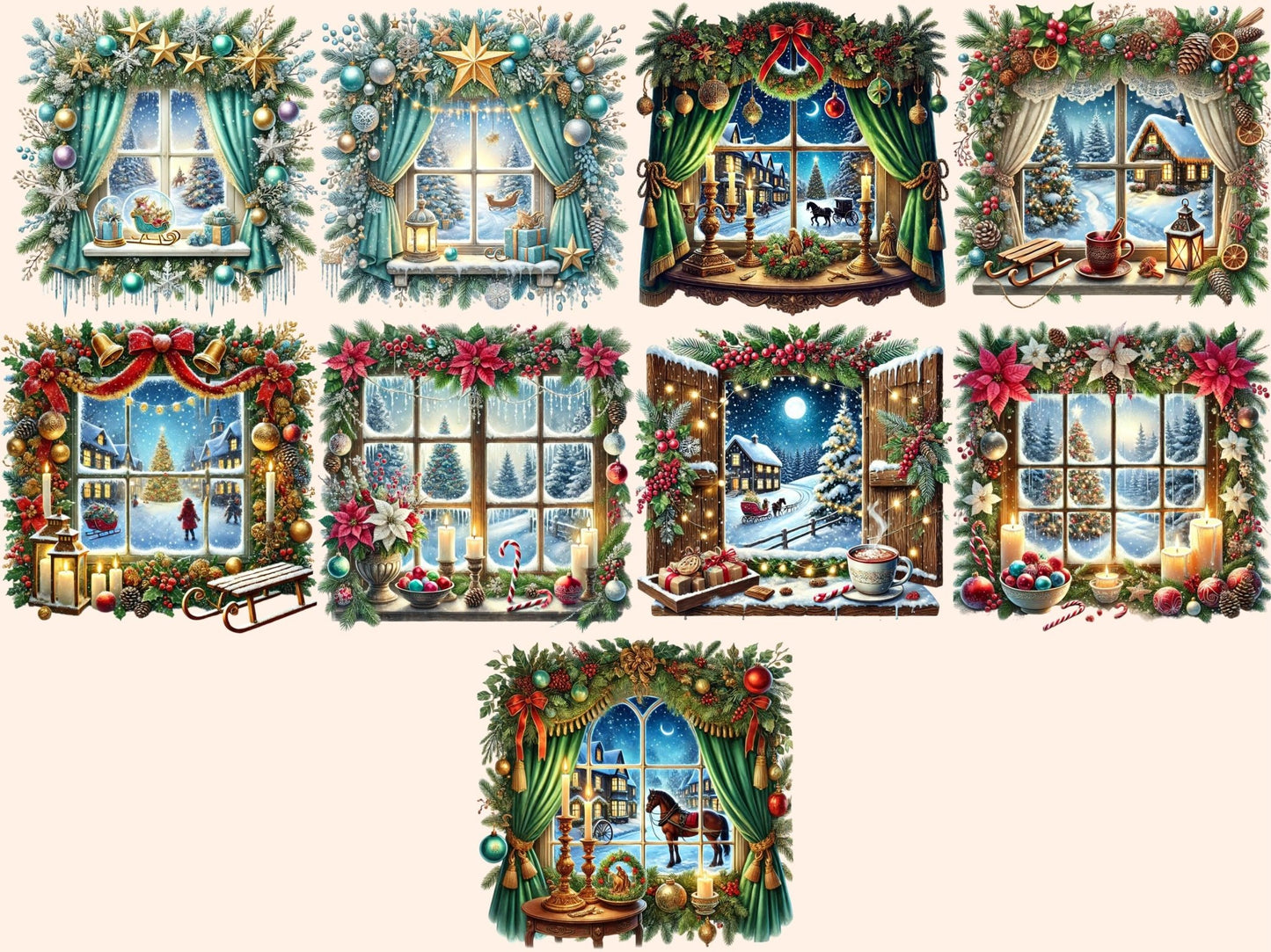 Christmas Windows (P3) Clipart - High - Quality Instant Digital Download for Creative Projects