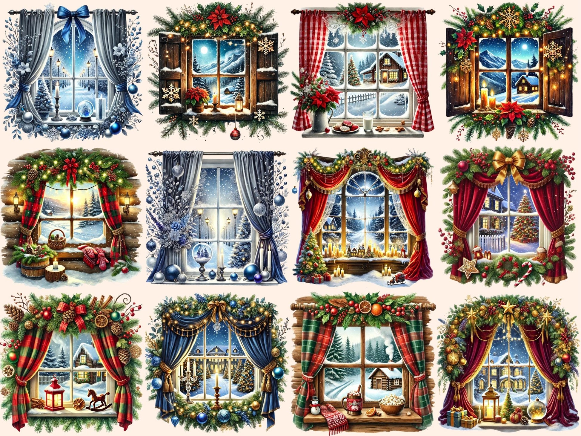 Christmas Windows (P3) Clipart - High - Quality Instant Digital Download for Creative Projects