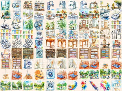 Cleaning Watercolor Clipart - High - Quality Instant Digital Download for Creative Projects