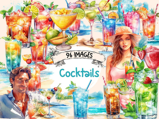 Cocktails Watercolor Clipart - High - Quality Instant Digital Download for Creative Projects