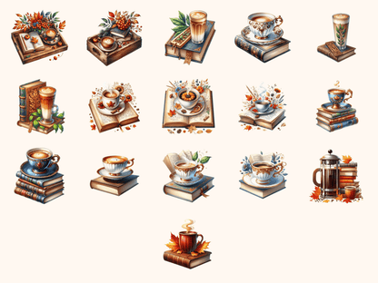 Coffee & Books Clipart All Bundles Clipart Line Art - WondersArtist