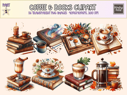 Coffee & Books Clipart All Bundles Clipart Line Art - WondersArtist