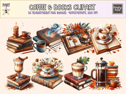 Coffee & Books Clipart All Bundles Clipart Line Art - WondersArtist