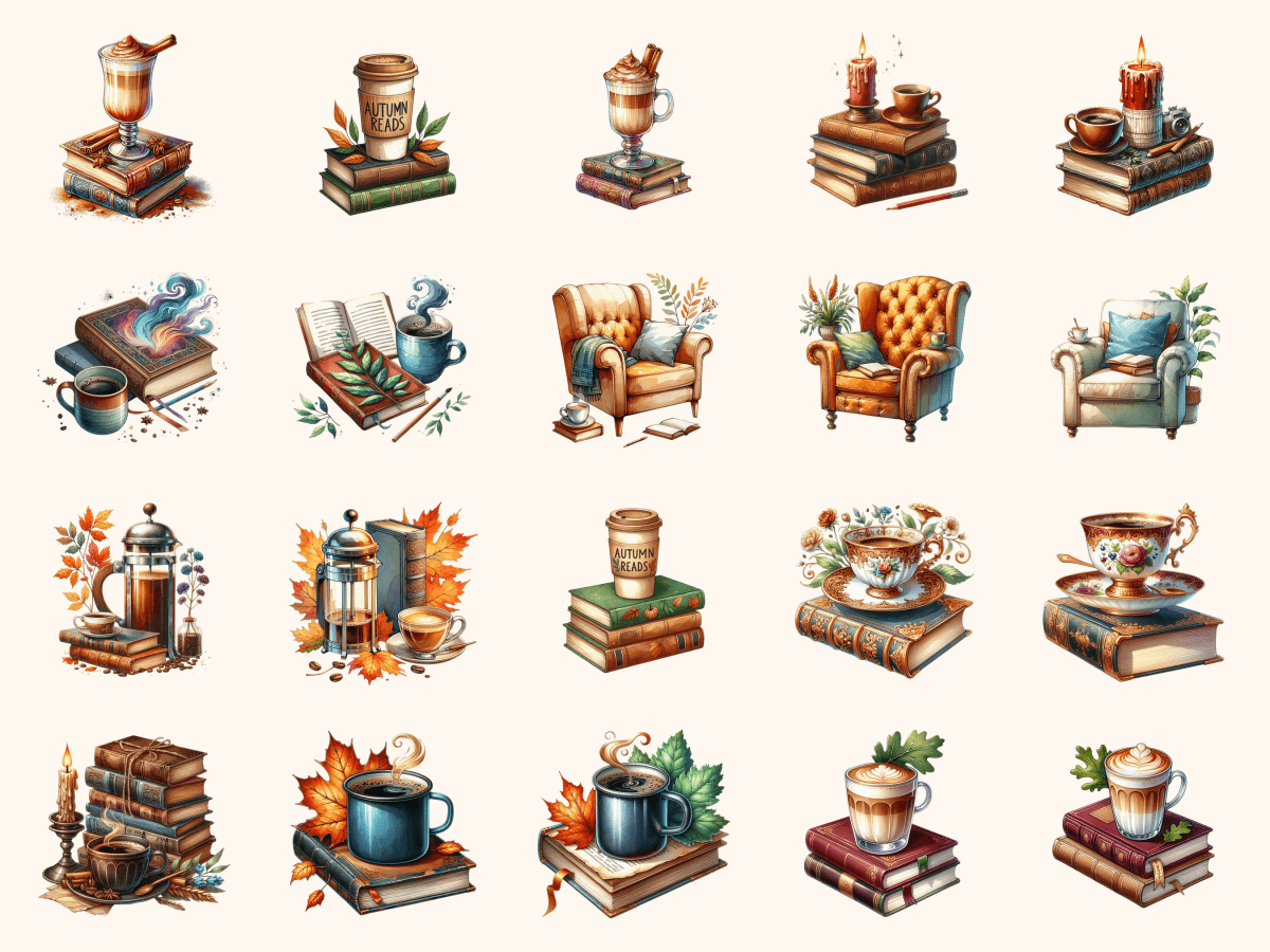 Coffee & Books Clipart All Bundles Clipart Line Art - WondersArtist